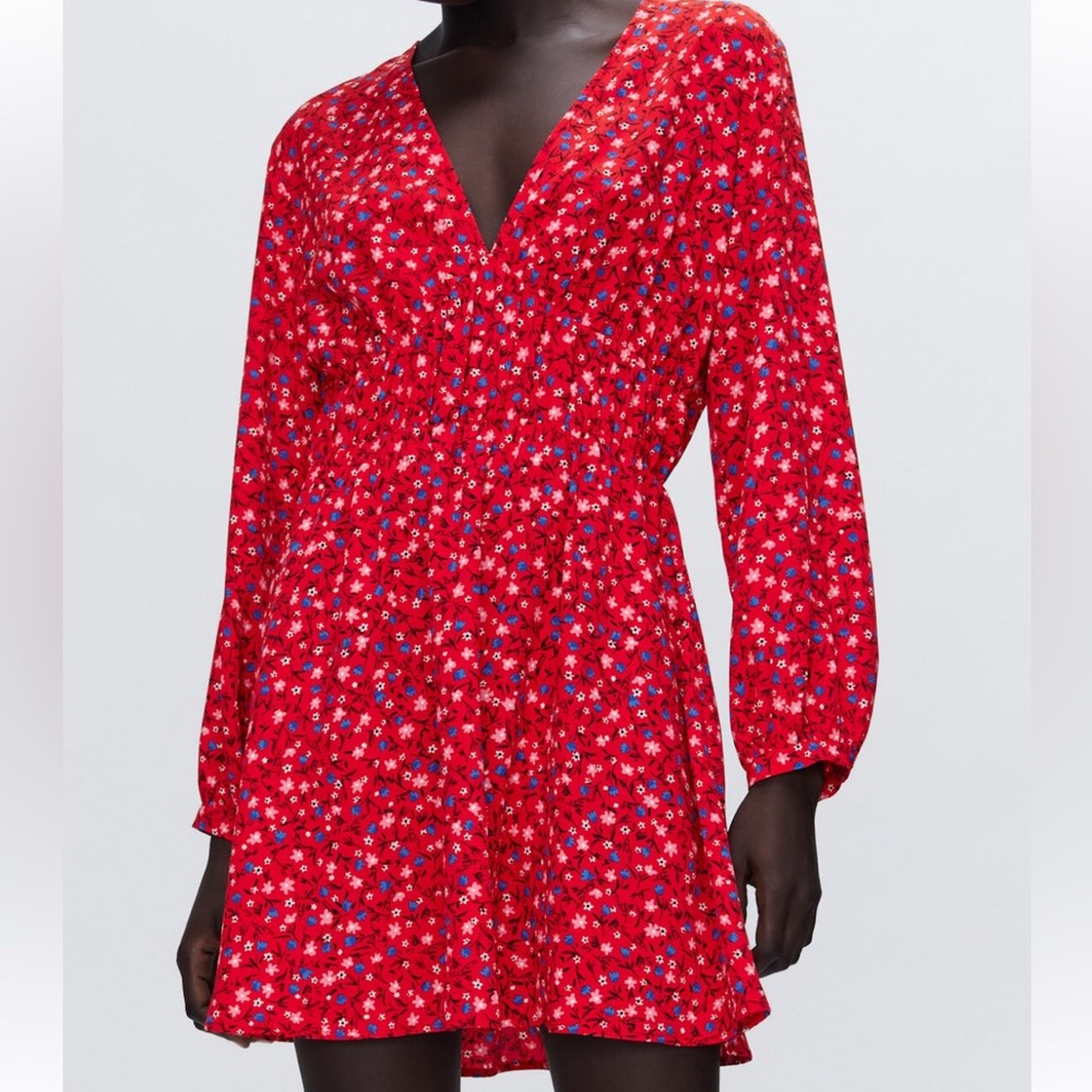 Zara small red flower print mini dress